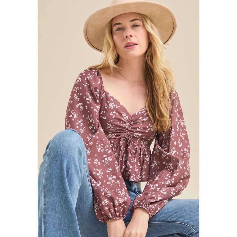 Altar'd State Crop Top XL Brown‎ White Floral Peasant Cottagecore Boho Milkmaid